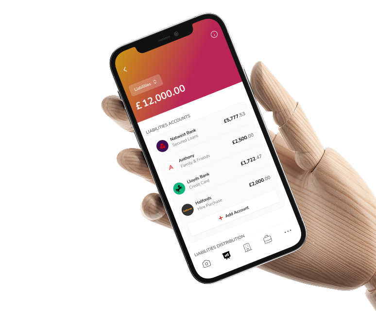 Hand holding phone with financial dashboard